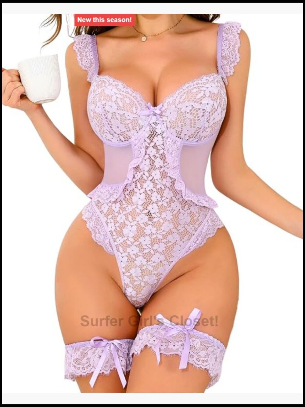 Women's Lace Teddy Bodysuit Lingerie with Thigh Bands Snap Crotch Underwire